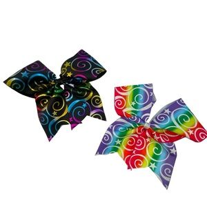 Cheer Hair Bows Set of 2 Elastic Band Rainbow Swirl Metallic Girl's Size Large